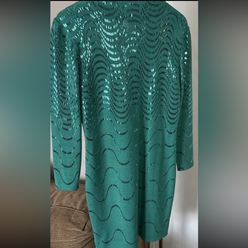 St. John Evening Marie Gray Turquoise Knit Pailettes Long Sleeve Dress Size 10